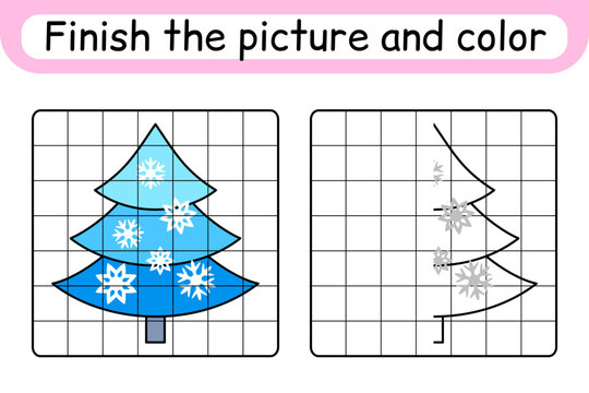 Complete the picture christmas tree. Copy the picture and color. Finish the image. Coloring book. Educational drawing exercise game for children