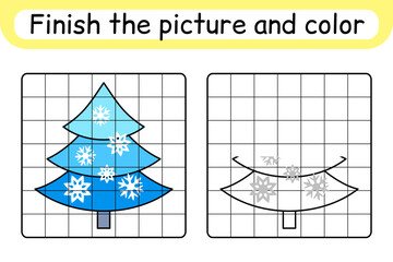 Complete the picture christmas tree. Copy the picture and color. Finish the image. Coloring book. Educational drawing exercise game for children