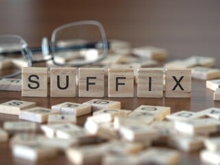 suffix word or concept represented by wooden letter tiles on a wooden table with glasses and a book