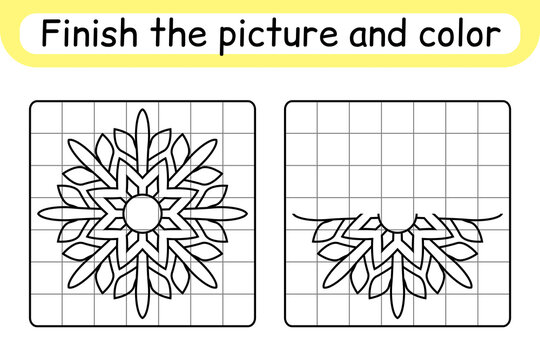 Complete the picture snowflake. Copy the picture and color. Finish the image. Coloring book. Educational drawing exercise game for children