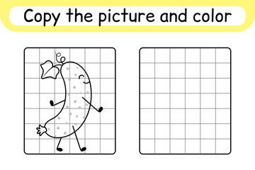 Copy the picture and color cucumber. Complete the picture. Finish the image. Coloring book. Educational drawing exercise game for children