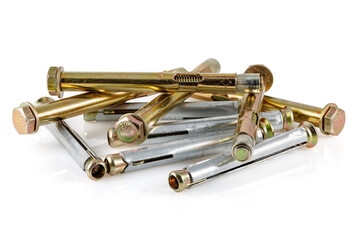 Naklejka premium Screw-bolt metallic anchors with yellow zinc coating for concrete. , Expansion Anchor, Concrete anchor bolt. Close-up.