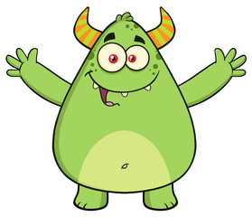 Funny Horned Green Monster Cartoon Character With Welcoming Open Arms. Hand Drawn Illustration Isolated On Transparent Background