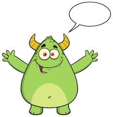Funny Horned Green Monster Cartoon Character With Welcoming Open Arms And Speech Bubble. Hand Drawn Illustration Isolated On Transparent Background