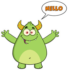 Happy Horned Green Monster Cartoon Character With Welcoming Open Arms And Speech Bubble Hello Text. Hand Drawn Illustration Isolated On Transparent Background