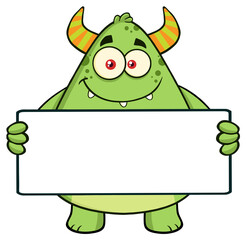 Smiling Horned Green Monster Cartoon Character Holding A Blank Sign. Hand Drawn Illustration Isolated On Transparent Background