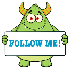 Horned Green Monster Cartoon Character Holding Follow Me Sign. Hand Drawn Illustration Isolated On Transparent Background