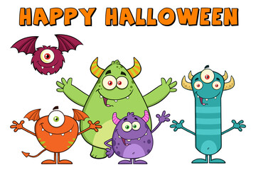 Happy Funny Monsters Cartoon Characters With Happy Halloween Text. Hand Drawn Illustration Isolated On Transparent Background