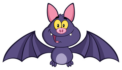 Happy Vampire Bat Cartoon Character Flying. Hand Drawn Illustration Isolated On Transparent Background