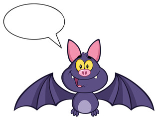 Happy Vampire Bat Cartoon Character Flying With Speech Bubble. Hand Drawn Illustration Isolated On Transparent Background