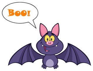 Happy Vampire Bat Cartoon Character Flying With Speech Bubble And Text. Hand Drawn Illustration Isolated On Transparent Background