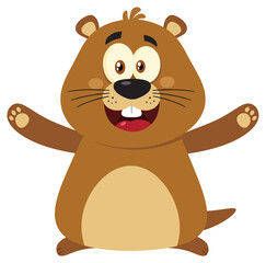 Happy Marmot Cartoon Mascot Character With Open Arms. Hand Drawn Illustration Isolated On Transparent Background