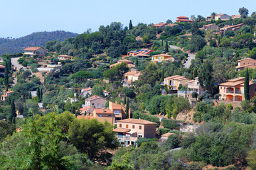 Fototapeta na wymiar High side view beautiful village in south of France, Bormes les mimosa village.