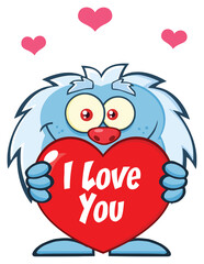 Fototapeta premium Happy Little Yeti Cartoon Mascot Character Over A Valentine Love Heart. Hand Drawn Illustration Isolated On Transparent Background