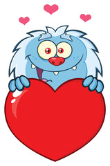 Little Yeti Cartoon Mascot Character Holding A Valentine Love Heart. Hand Drawn Illustration Isolated On Transparent Background