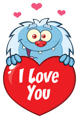 Happy Little Yeti Cartoon Mascot Character Over A Valentine Love Heart. Hand Drawn Illustration Isolated On Transparent Background
