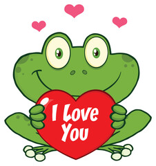 Cute Frog Cartoon Mascot Character Holding A Valentine Love Heart. Hand Drawn Illustration Isolated On Transparent Background