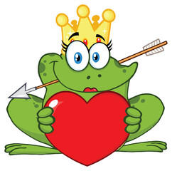 Smiling Princess Frog Cartoon Mascot Character With Crown Holding A Love Heart. Hand Drawn Illustration Isolated On Transparent Background