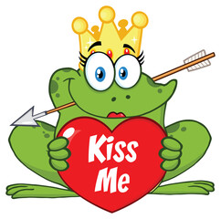 Princess Frog Cartoon Mascot Character With Crown And Arrow Holding A Love Heart With Text Kiss Me. Hand Drawn Illustration Isolated On Transparent Background