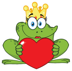 Smiling Princess Frog Cartoon Mascot Character With Crown Holding A Love Heart. Hand Drawn Illustration Isolated On Transparent Background