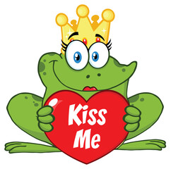 Princess Frog Cartoon Mascot Character With Crown And Arrow Holding A Love Heart With Text Kiss Me. Hand Drawn Illustration Isolated On Transparent Background