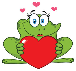 Smiling Frog Female Cartoon Mascot Character Holding A Valentine Love Heart. Hand Drawn Illustration Isolated On Transparent Background