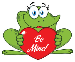 Frog Female Cartoon Mascot Character Holding A Valentine Love Heart With Text Be Mine. Hand Drawn Illustration Isolated On Transparent Background