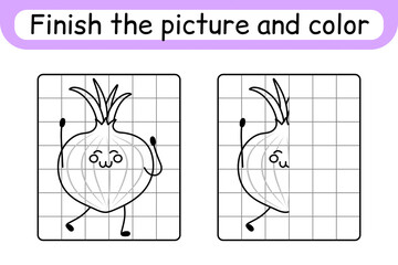 Complete the picture onion. Copy the picture and color. Finish the image. Coloring book. Educational drawing exercise game for children