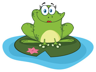 Frog Female Cartoon Mascot Character In A Pond. Hand Drawn Illustration Isolated On Transparent Background