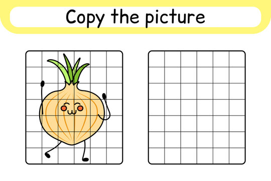 Copy the picture and color onion. Complete the picture. Finish the image. Coloring book. Educational drawing exercise game for children