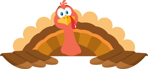 Thanksgiving Turkey Bird Cartoon Mascot Character Over Sign. Hand Drawn Illustration Isolated On Transparent Background
