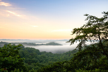 Obraz na płótnie Canvas A vista in kentucky overlooking forest hills with fog and clouds. It is summer