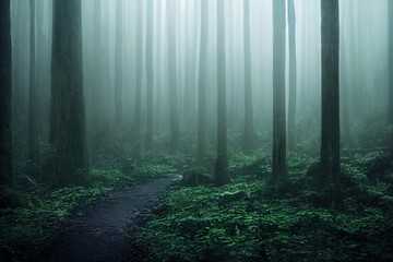 Obraz premium Gloomy, spooky, foggy dark forest landscape. Mysterious horror forest background. 3D illustration.