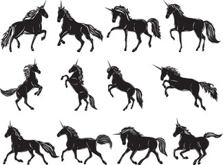 unicorns set black silhouette isolated, vector