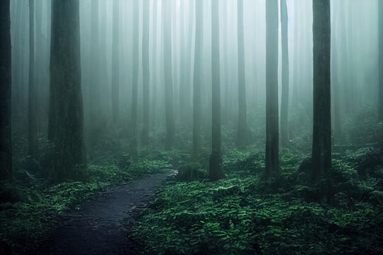 Gloomy, spooky, foggy dark forest landscape. Mysterious horror