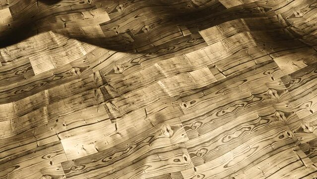 Surface with wooden texture and waves. Motion. 3D surface moves in waves with wooden pattern. Wooden floor moves in liquid ripples