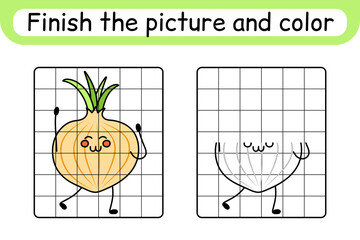 Complete the picture onion. Copy the picture and color. Finish the image. Coloring book. Educational drawing exercise game for children