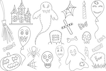 set of items for halloween in doodle style, isolated