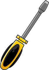 Cartoon Yellow Screwdriver. Hand Drawn Illustration Isolated On Transparent Background