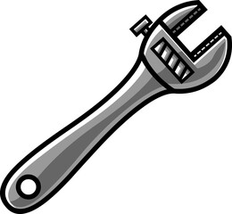 Cartoon Adjustable Wrench. Hand Drawn Illustration Isolated On Transparent Background