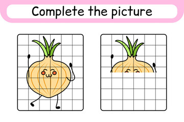 Complete the picture onion. Copy the picture and color. Finish the image. Coloring book. Educational drawing exercise game for children
