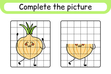 Complete the picture onion. Copy the picture and color. Finish the image. Coloring book. Educational drawing exercise game for children