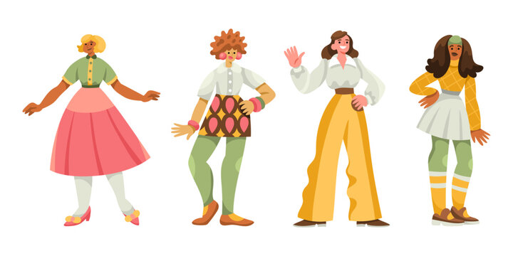 Diverse cheerful women in retro 1960s clothes walking, standing, waving hands. Mid-century modern fashion. Trendy vintage outfit. Full length characters greeeting. Flat hand drawn cartoon vector style