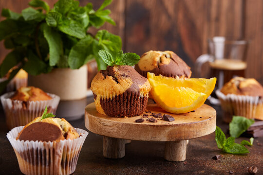 Muffins with double flavors: orange and chocolate. Delicious homemade sweet dessert. 