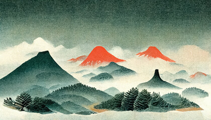 Abstract art of mountain landscape watercolor ink style, Japan nature background. 3D illustration.