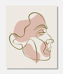 Vector poster with illustration of woman’s line art face. Modern one line drawing with blobs, pastel colors. Sisterhood and Feminism. Illustration for web and print.
