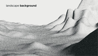 Vector landscape of mountain in dotwork style. Stipple illustration design. Old retro dot texture vintage gradient. Pointillism graphic. Grain terrain wallpaper.