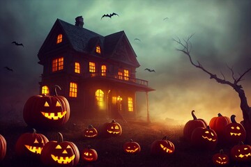A computer illustration of spooky halloween haunted house scene with scary pumpkins in the lawn and bat like creatures flying above. A.I. generated art. - obrazy, fototapety, plakaty