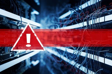 illustration of white exclamation mark and malware alert as red highlight on blue blurred server hardware with led lights