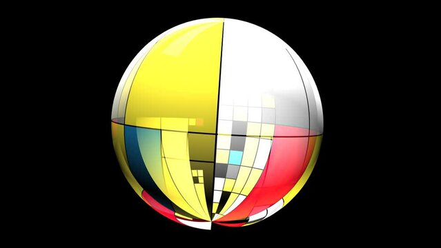 Colorful rectangles mondrian style rotating on sphere